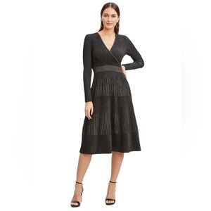 Tahari T Tahari Metallic Mock Wrap Lurex  Fit & Flare Sweater Dress Black Sz M